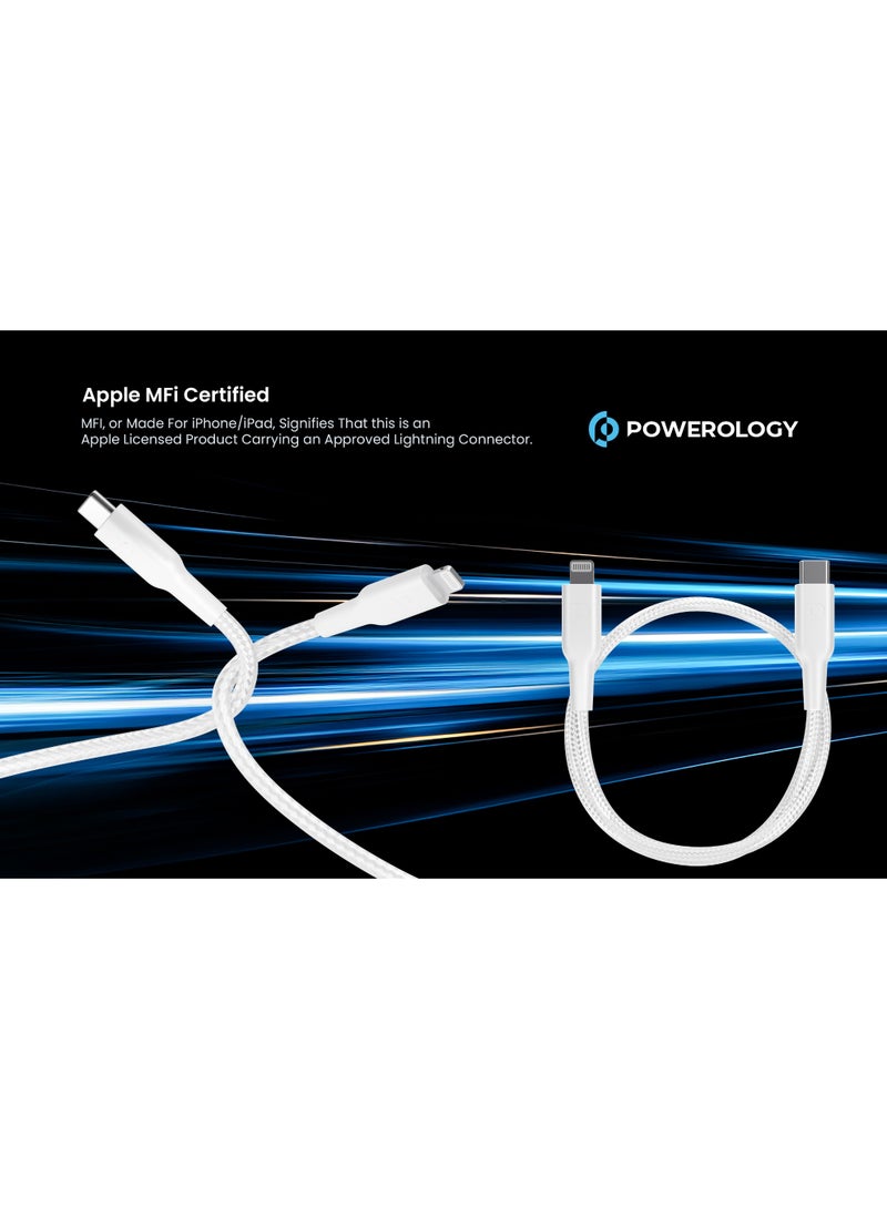 باورولوجي كابل شاحن آيفون 30 سم [معتمد من MFi] كابل USB C إلى لايتنينغ مضفر، شحن سريع مع توصيل الطاقة PD 60W، كابل شحن آيفون لهواتف آيفون 14/14 برو/14 بلس/14 برو ماكس، آيباد برو، وآيفون 8-13 جميع السلاسل. - Image 3